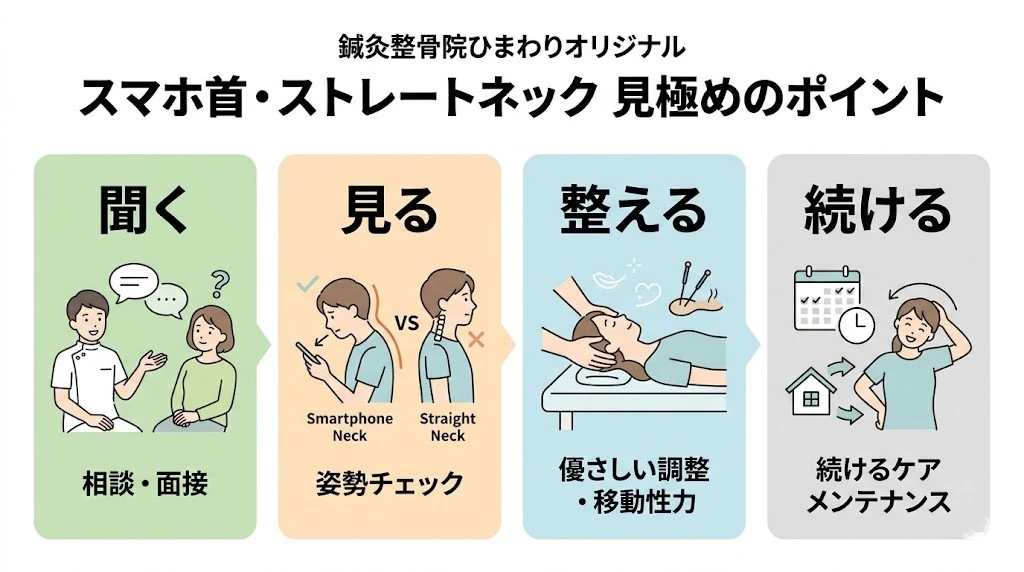 鍼灸整骨院ひまわりのスマホ首とストレートネックの見極め方をシンプルに示したベクター図解