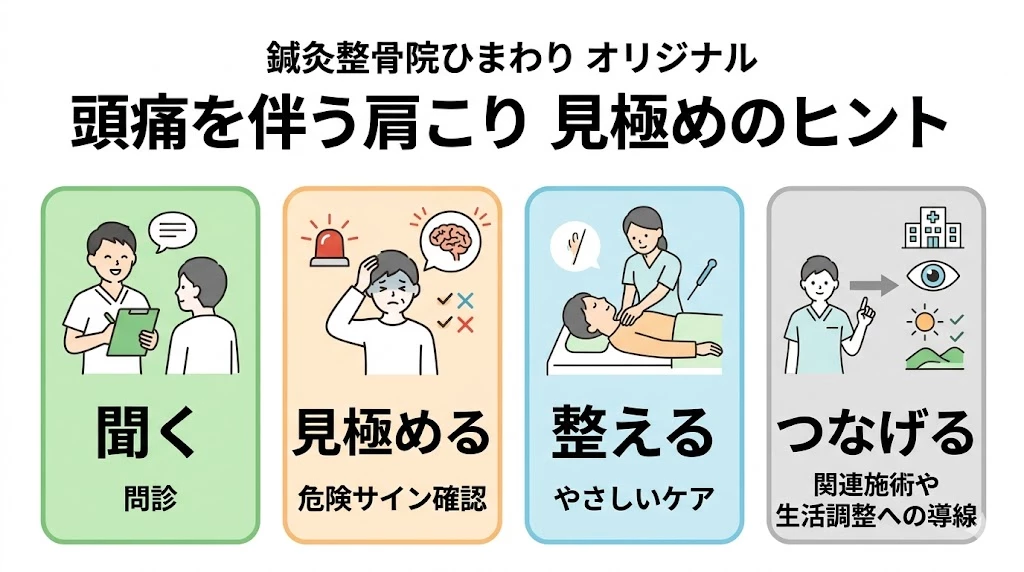 鍼灸整骨院ひまわりの頭痛を伴う肩こりの見極め方をシンプルに示したベクター図解