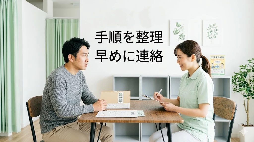 自賠責保険の手続きと通院の流れを整骨院で相談する男性のイメージ画像