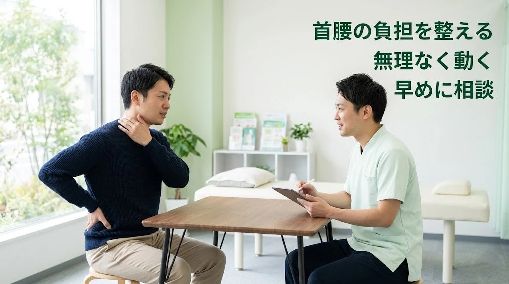 追突事故後の首と腰の症状について整骨院で相談する男性のイメージ画像