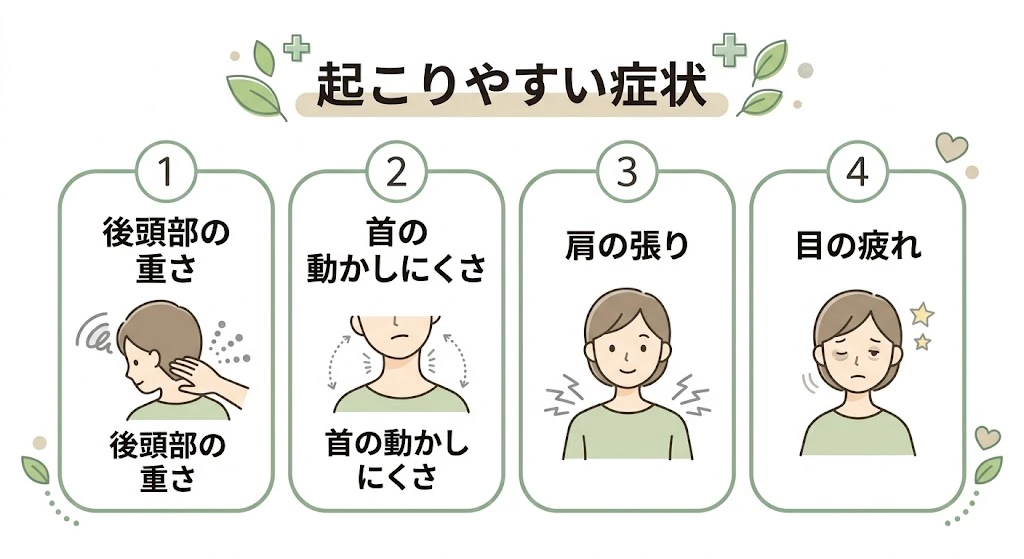 交通事故後の頭痛と肩こりで起こりやすい症状を整理したベクター説明図