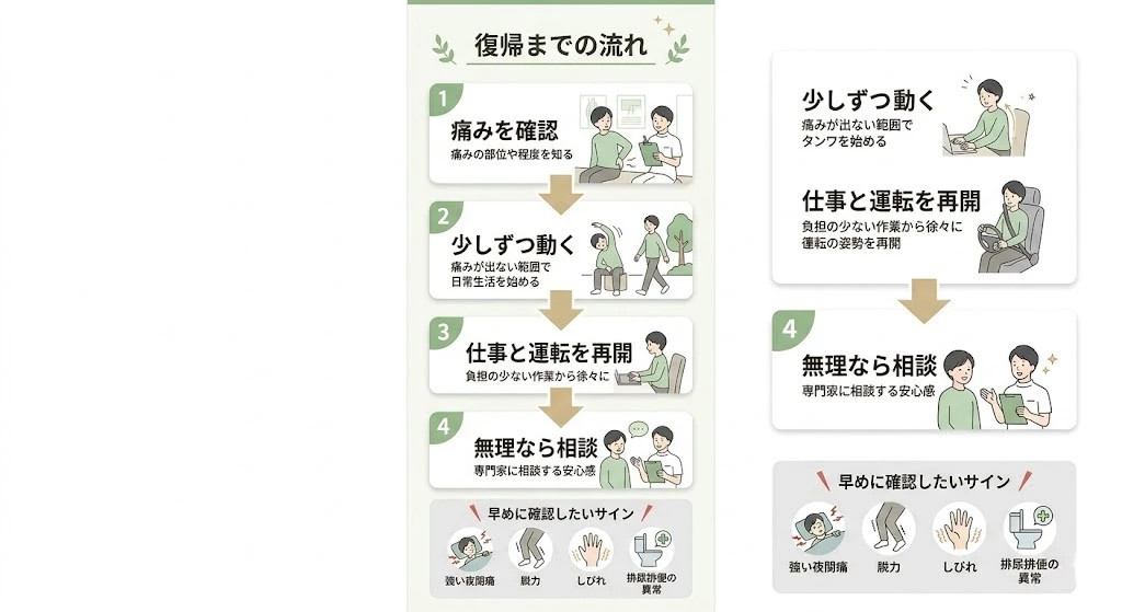 交通事故後の腰痛から復帰する流れを整理したフロー型ベクター画像