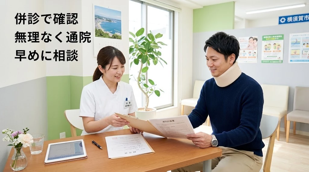 交通事故後に整形外科と整骨院の併診を相談する男性のイメージ画像