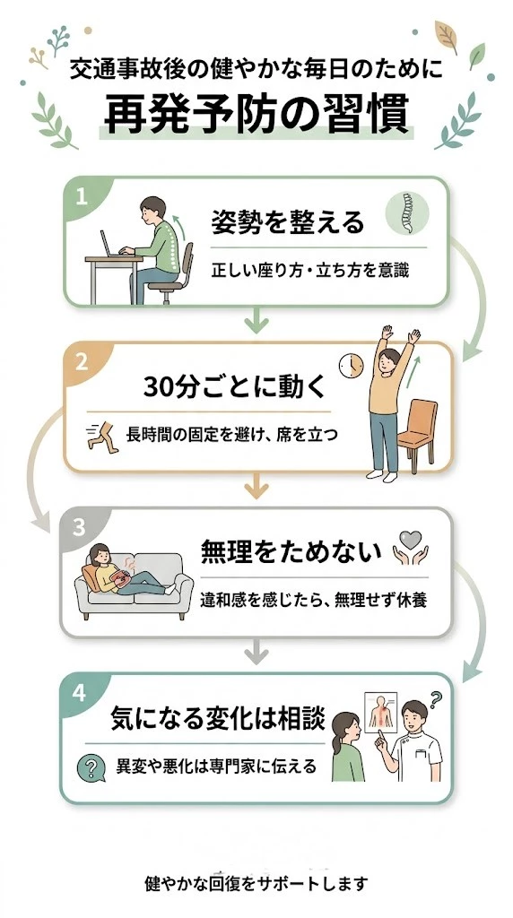交通事故後の再発予防の習慣を整理したフロー型ベクター画像