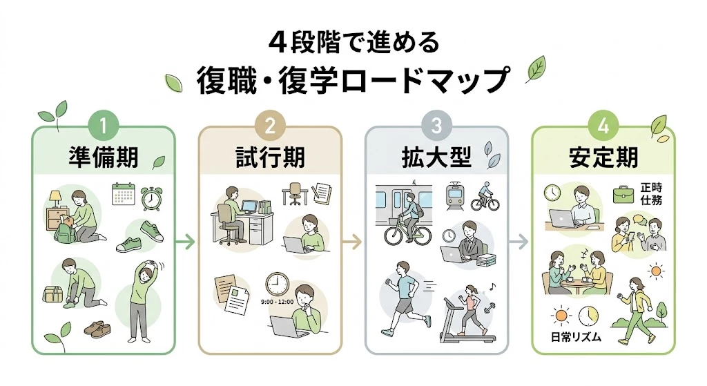 交通事故後の復職復学を段階的に進める4段階の説明図