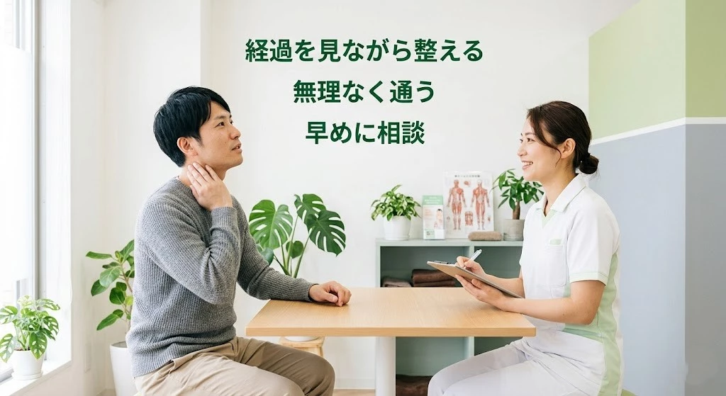 むち打ちの経過と通院について整骨院で相談する男性のイメージ画像