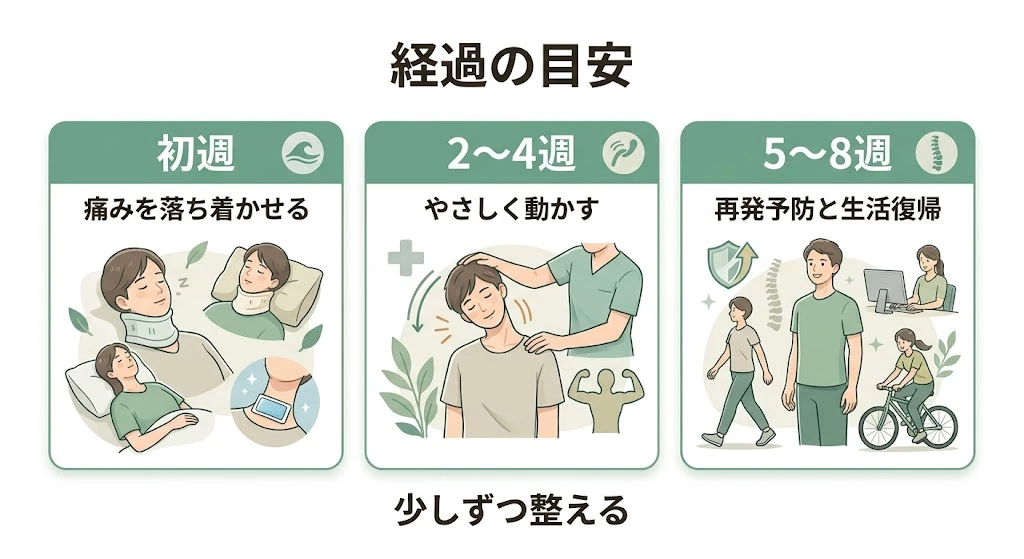 むち打ちの経過を初週、2〜4週、5〜8週で整理したベクター説明図