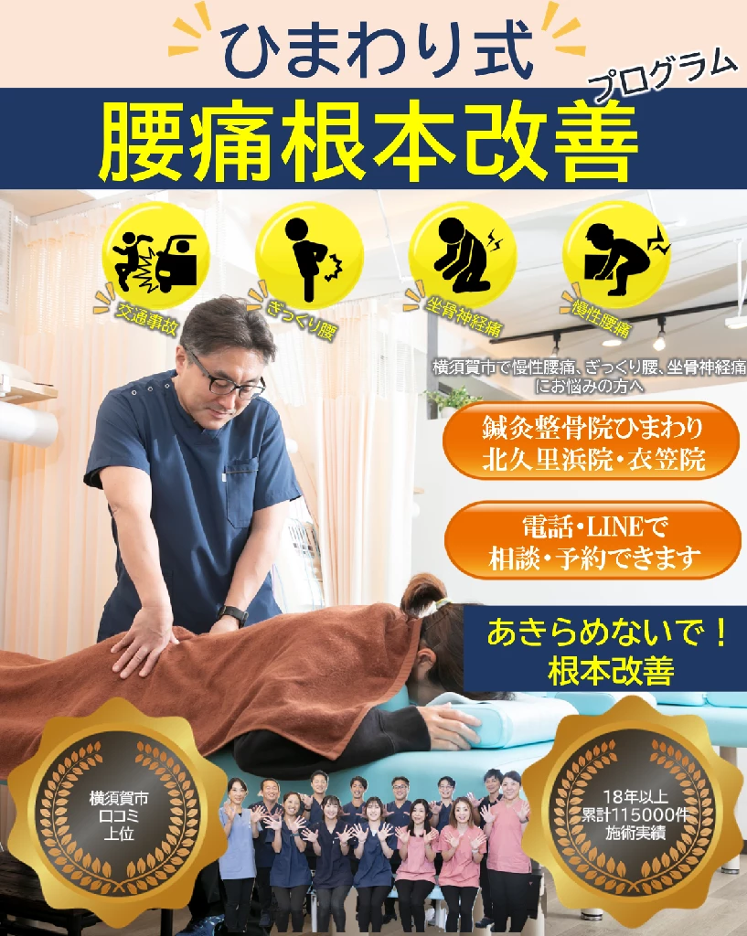 横須賀市で慢性腰痛やぎっくり腰、坐骨神経痛などにお悩みの方向けのひまわり式腰痛根本改善プログラムを紹介する鍼灸整骨院ひまわり北久里浜院・衣笠院の施術風景とスタッフ写真入りメインビジュアル