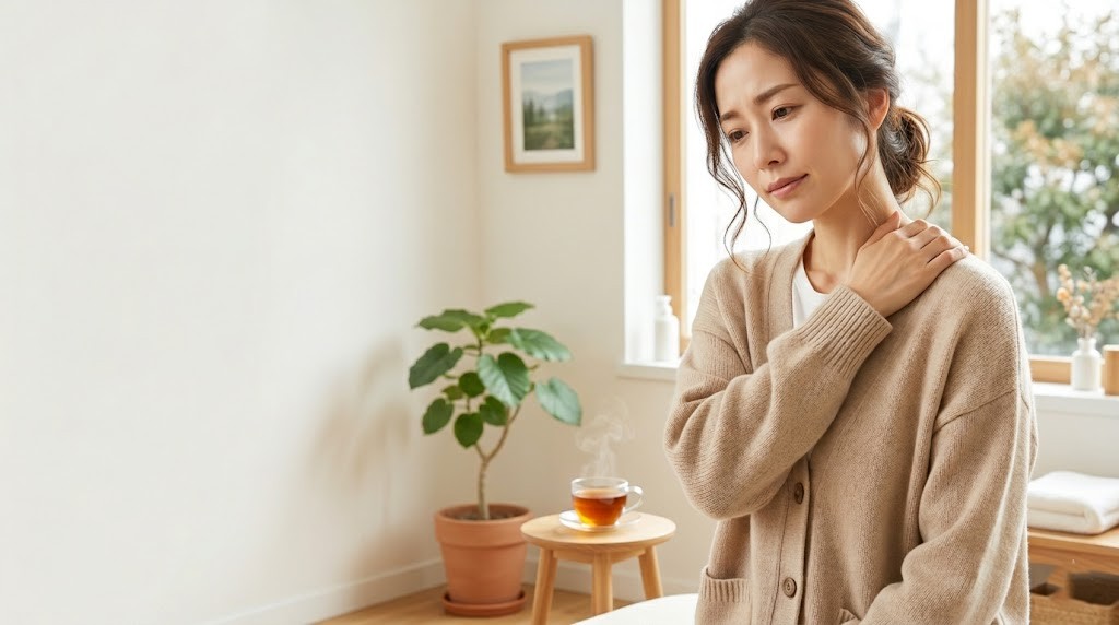 横須賀市で冷えや自律神経の乱れによる肩こりに悩む方のイメージ