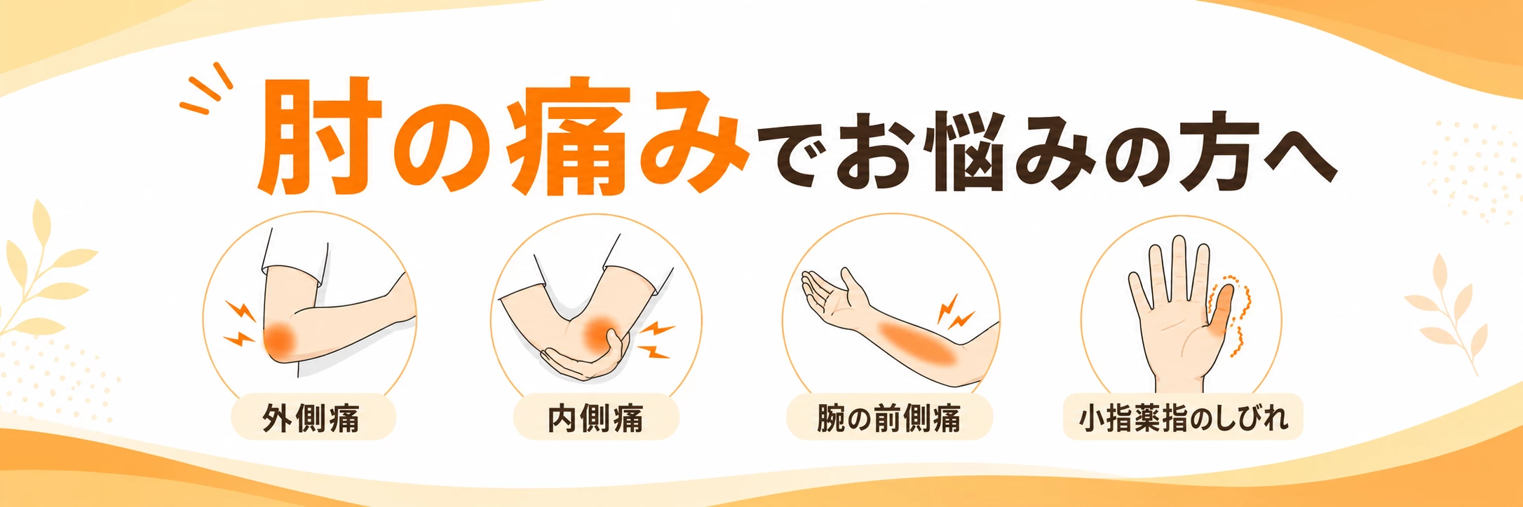 肘の痛みでお悩みの方へ テニス肘、ゴルフ肘、上腕二頭筋腱損傷、肘部管症候群など肘の痛みグループの見出し画像