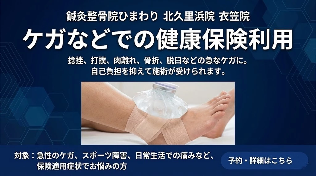 横須賀市の鍼灸整骨院ひまわり北久里浜院と衣笠院の健康保険利用案内バナー。捻挫や打撲など急なケガの相談イメージ。