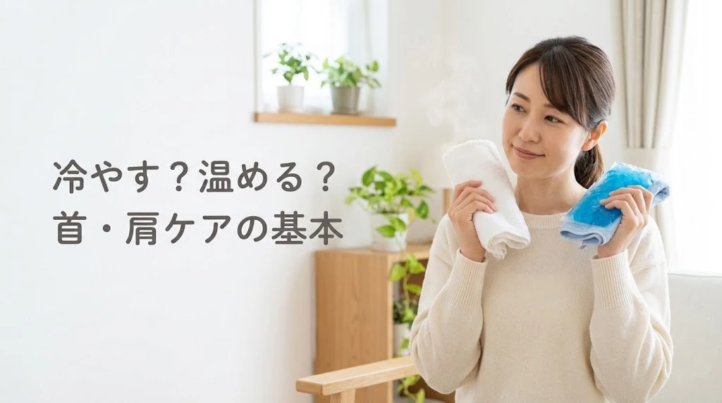 肩こりに対する温めと冷却の判断をやさしく伝えるヒーローイメージ