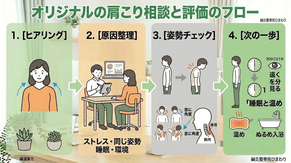 鍼灸整骨院ひまわりの肩こり相談と見立ての流れを整理したベクター図解