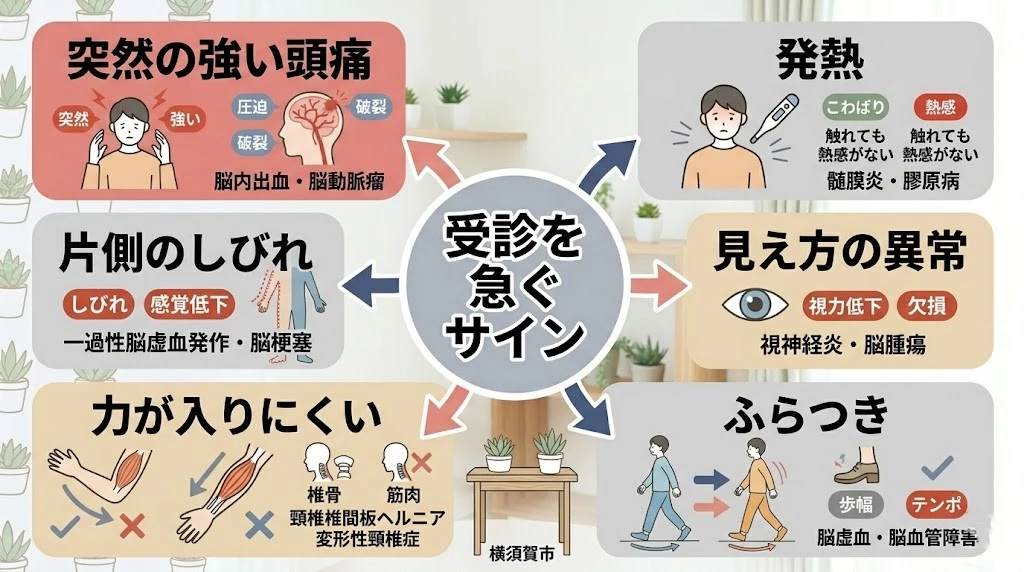 肩こりで受診を急ぎたい赤旗サインを整理したベクター図解
