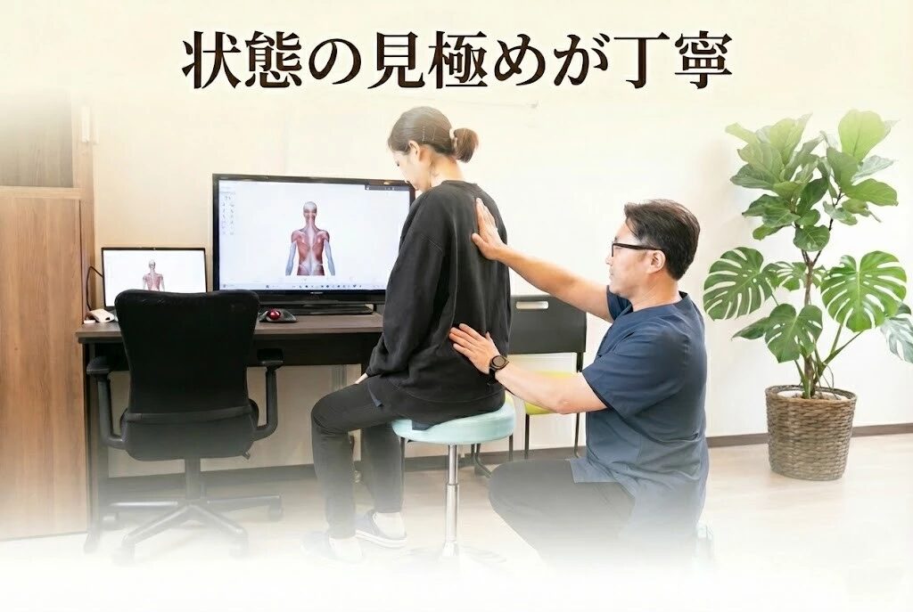 横須賀市の鍼灸整骨院ひまわり北久里浜院、状態の見極めが丁寧、姿勢と動作を確認する検査風景