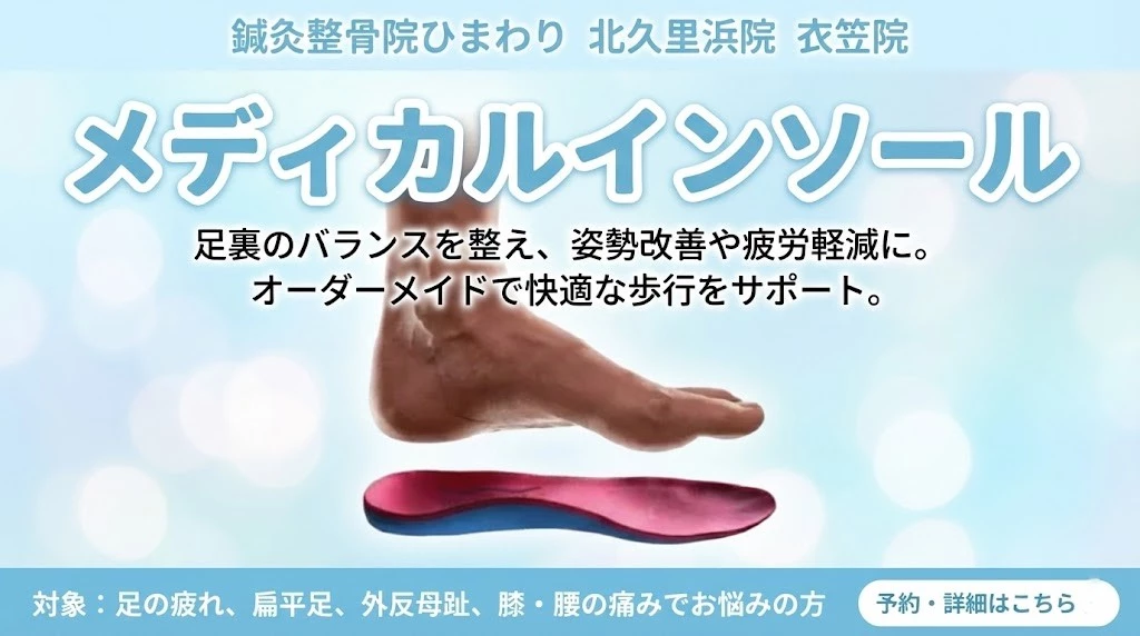 横須賀市の鍼灸整骨院ひまわり北久里浜院と衣笠院のメディカルインソール案内バナー。足裏バランスと歩行サポートの説明。