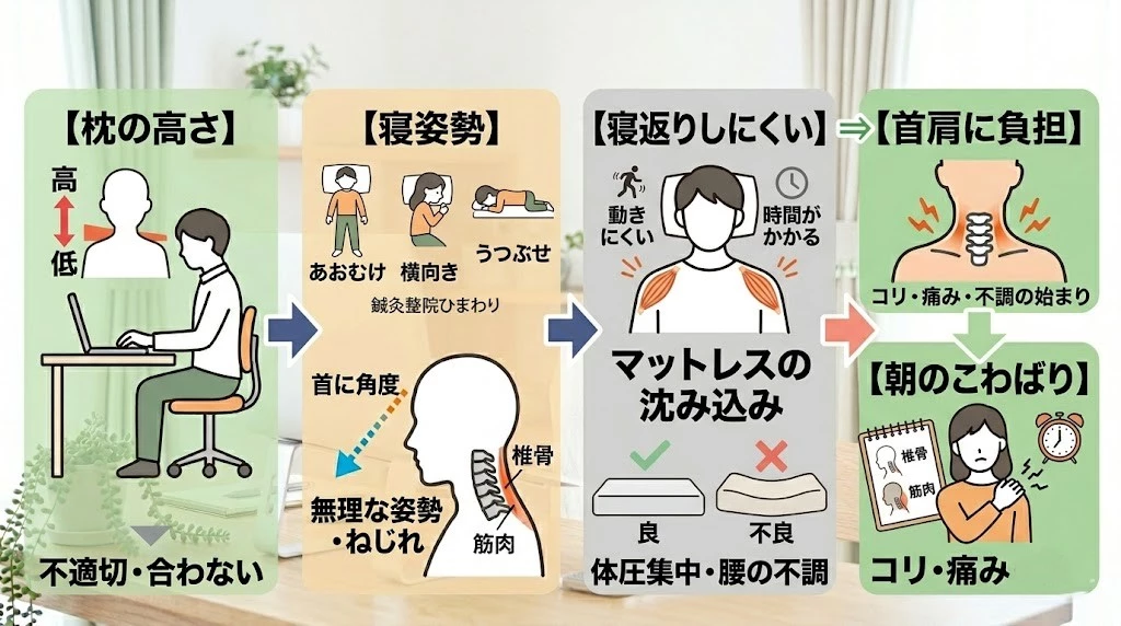 朝の肩こりと枕寝具寝返りの関係を整理したベクター図解