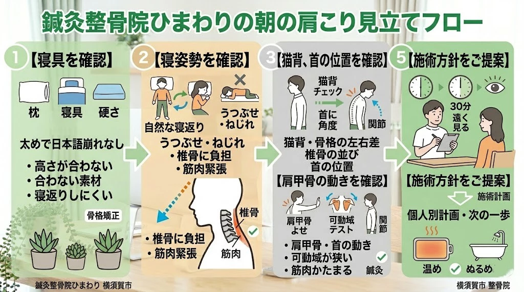 鍼灸整骨院ひまわりの朝の肩こり原因整理と見立ての流れをまとめたベクター図解