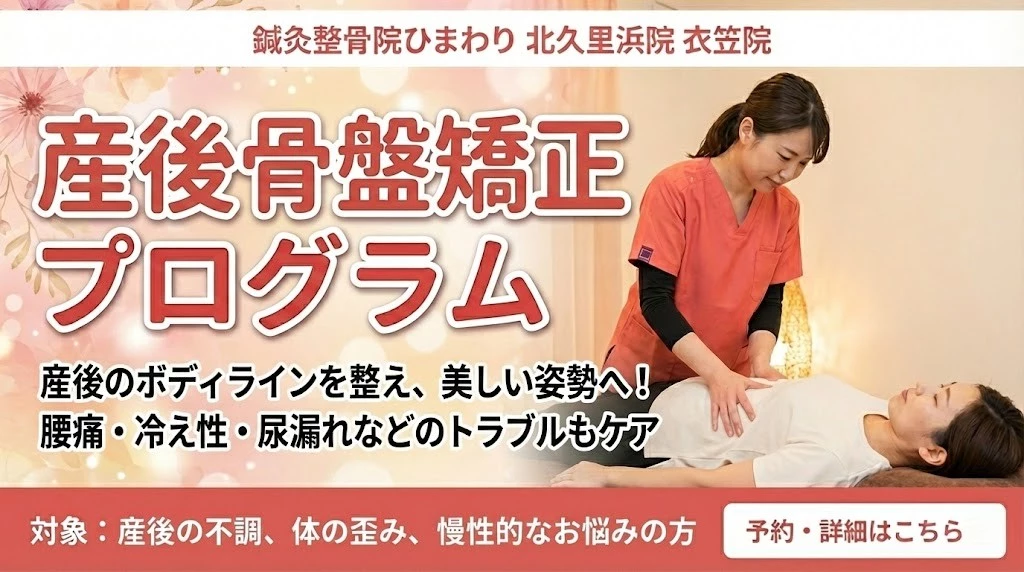 横須賀市の鍼灸整骨院ひまわり北久里浜院と衣笠院の産後骨盤矯正プログラムバナー。産後の不調や姿勢ケアの案内。
