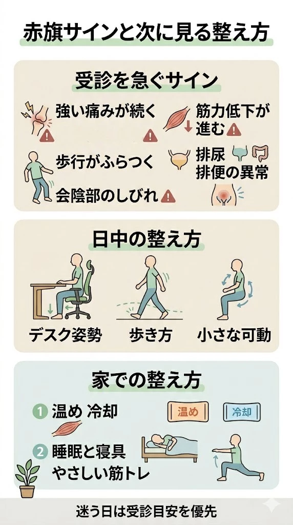 座骨神経痛で受診を急ぐ赤旗サインと関連する整え方の導線をまとめたベクター画像