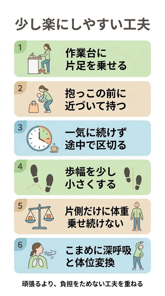 坐骨神経痛で家事、育児、立ち仕事を少し楽にする工夫をまとめたベクター画像