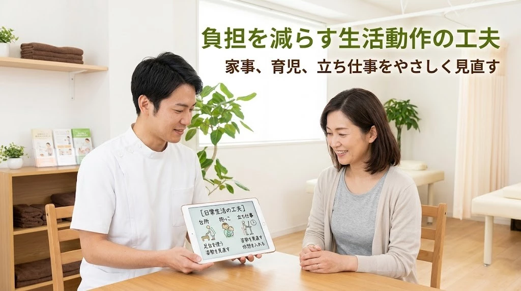 坐骨神経痛で家事、育児、立ち仕事を楽にする工夫を相談するヒーロー画像