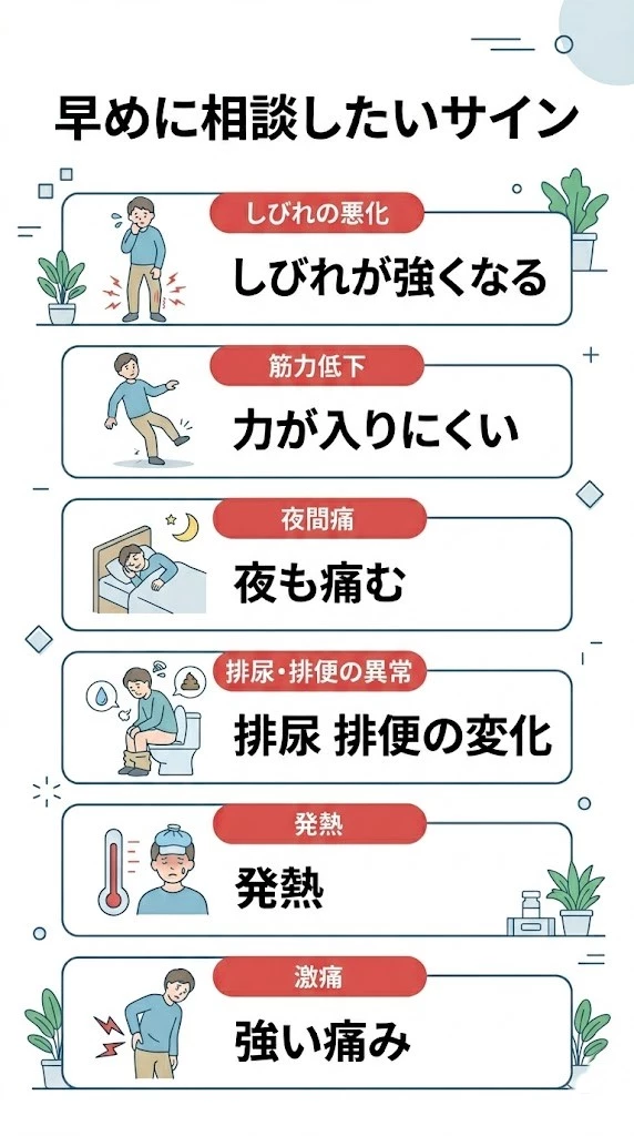 坐骨神経痛で早めの受診が必要な赤旗サインを整理したベクター画像