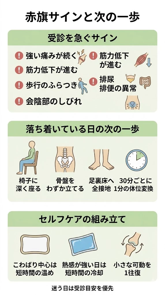 坐骨神経痛で受診を急ぎたい赤旗サインと落ち着いている日の次の一歩をまとめたベクター画像