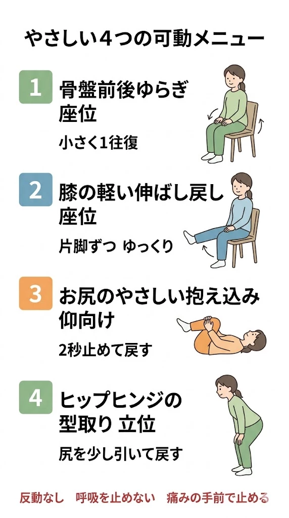 やさしい4つの可動メニュー 坐骨神経痛でやり過ぎないストレッチとして始めやすい4つのやさしい可動メニューをまとめたベクター画像