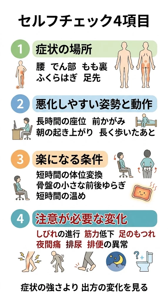 坐骨神経痛のセルフチェックとして症状の場所、悪化しやすい動作、楽になる条件、注意が必要な変化を整理したベクター画像