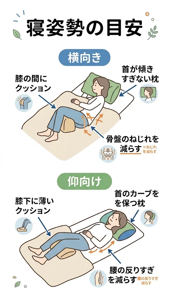 坐骨神経痛で楽になりやすい横向きと仰向けの寝姿勢をまとめたベクター画像