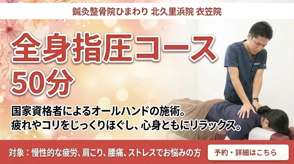 横須賀市の鍼灸整骨院ひまわり北久里浜院と衣笠院の全身指圧コース50分バナー。疲れやコリをほぐす施術案内。