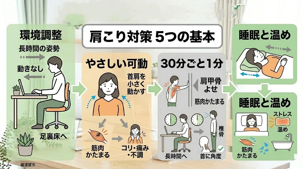 肩こり対策の基本を5つに整理したベクター図解