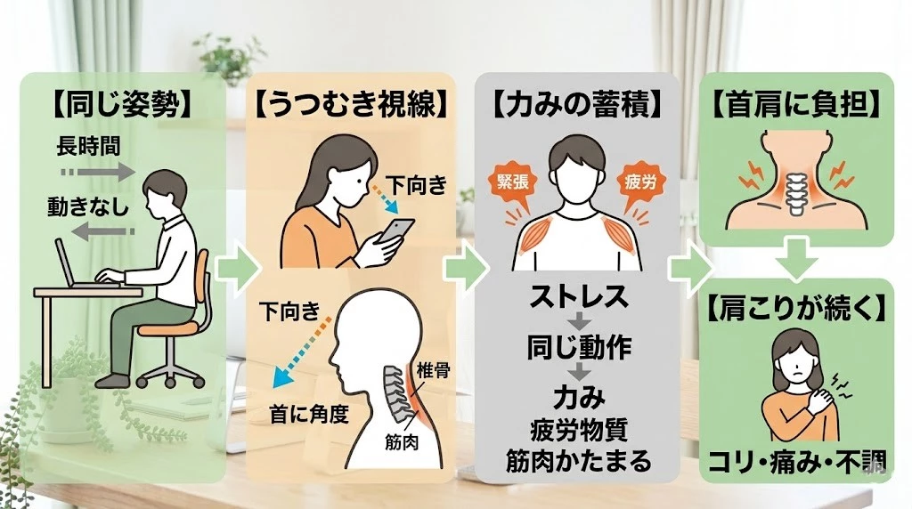 肩こりが起こる主な原因を整理したベクター図解