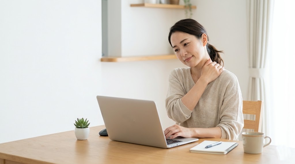 横須賀市で肩こりの原因と対策に悩む方をイメージした肩まわりの負担シーン