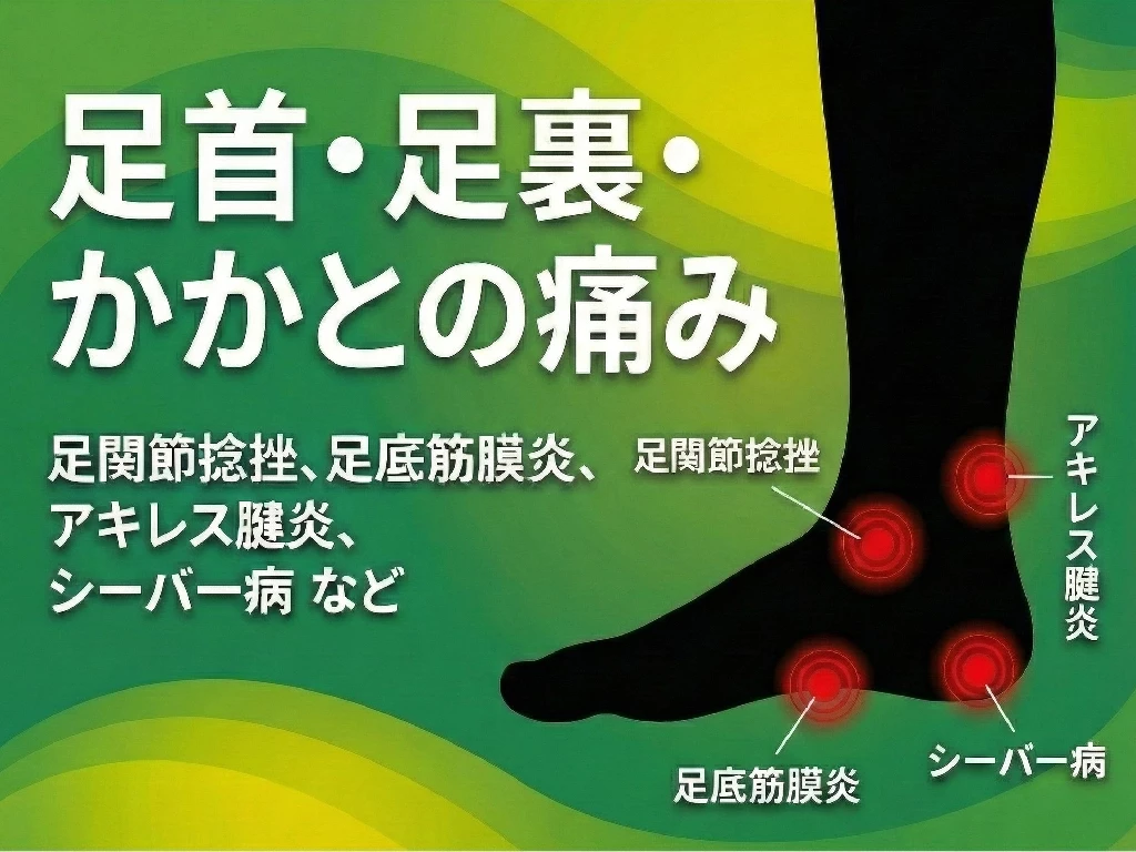 足関節捻挫や足底筋膜炎アキレス腱炎シーバー病など足首足裏かかとの痛みを示すスポーツ障害イラスト