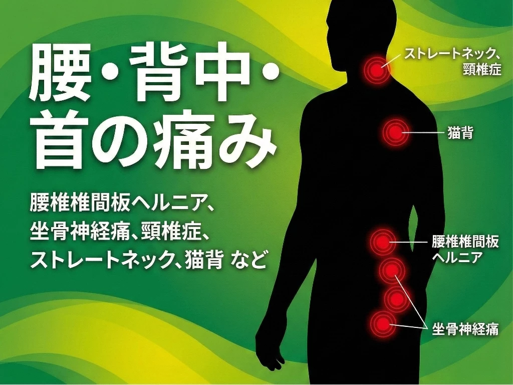 腰背中首の痛みと腰椎椎間板ヘルニア坐骨神経痛ストレートネックなどスポーツ障害を示すイラスト