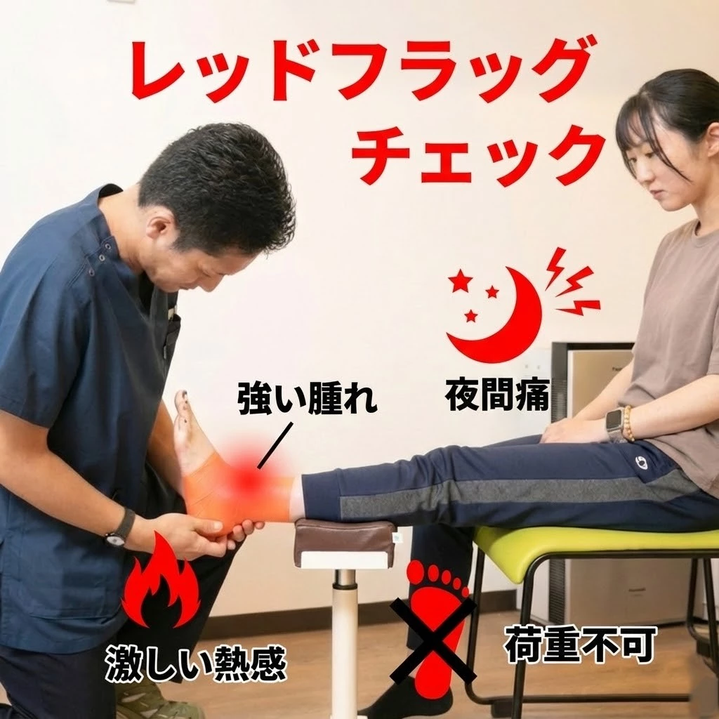 レッドフラッグチェック　強い腫れ　夜間痛　激しい熱感　荷重不可