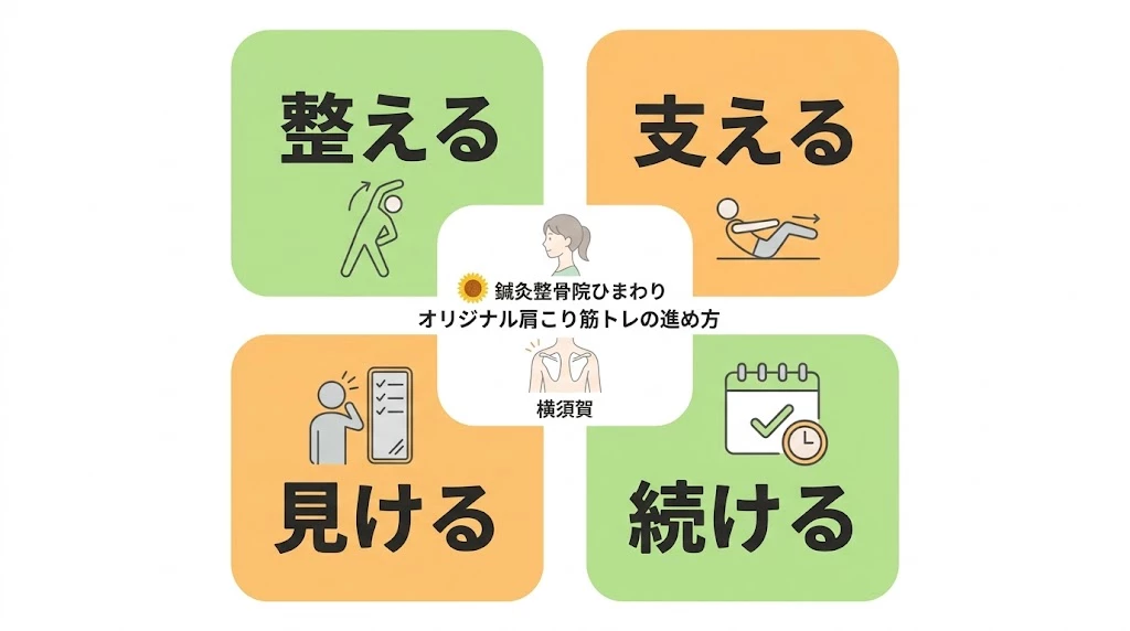 鍼灸整骨院ひまわりの肩こり筋トレの進め方をシンプルに示したベクター図解