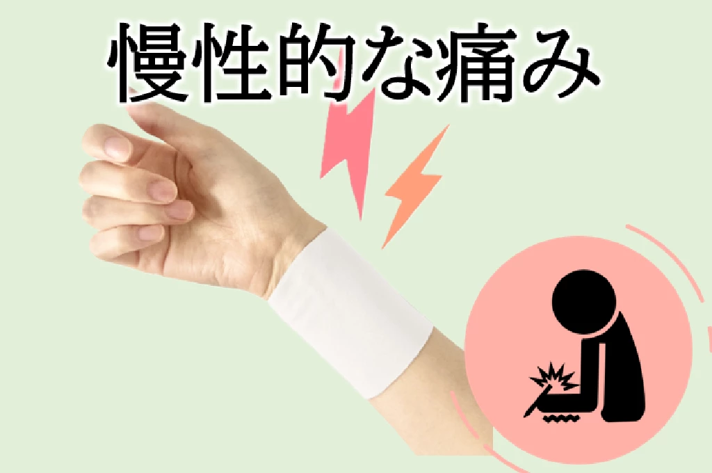 手首にサポーターを巻いた腕と慢性的な痛みを表すイメージ画像