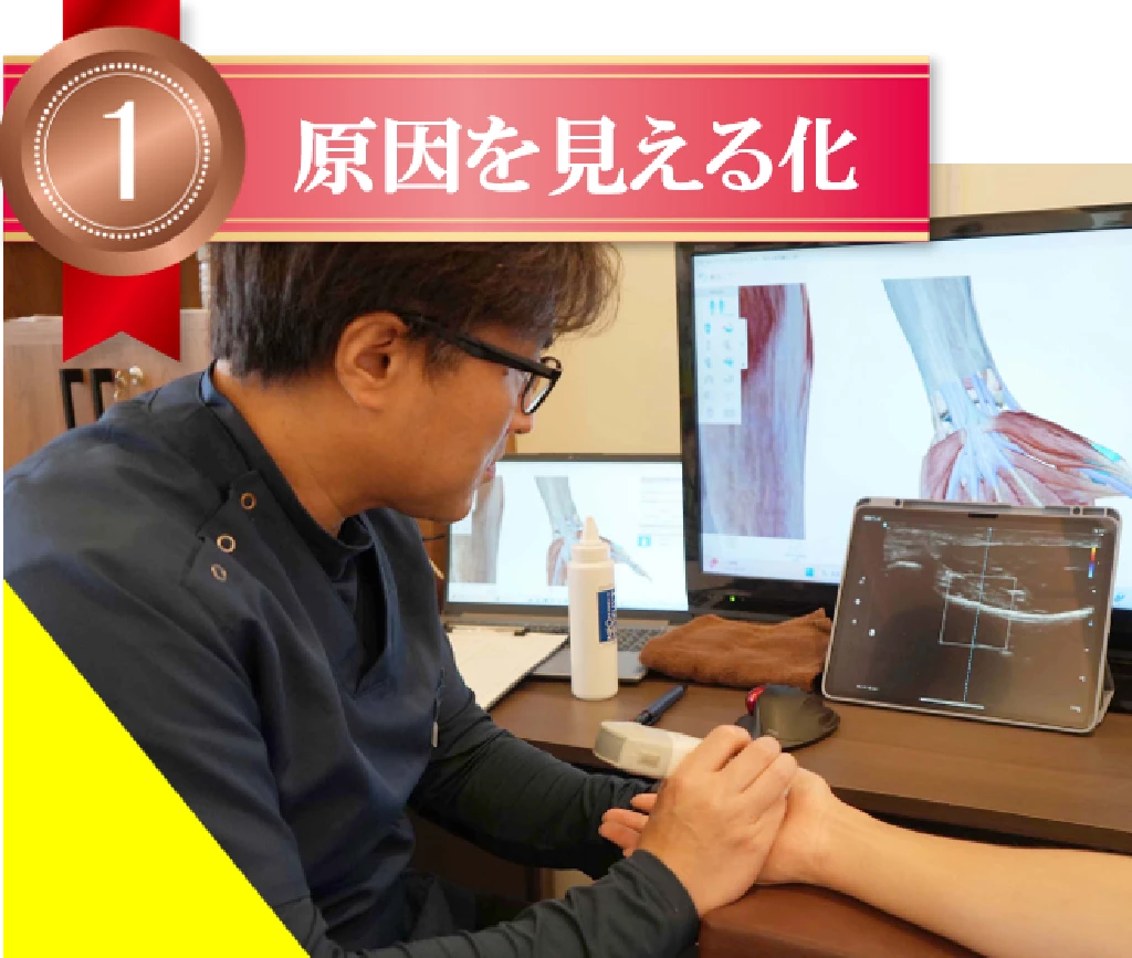 横須賀市の鍼灸整骨院ひまわり北久里浜院と鍼灸整骨院ひまわり衣笠院で国家資格者がエコー観察で手首と肘の状態を確認している様子の写真