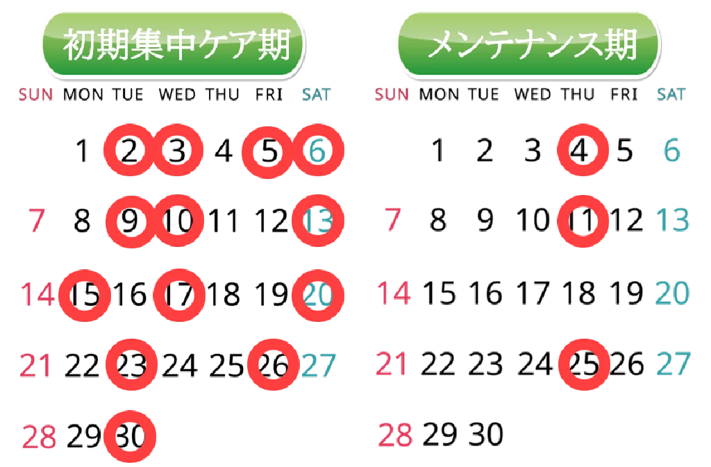 横須賀市で手首や肘の痛みの通院計画の目安を示したカレンダー風イラスト