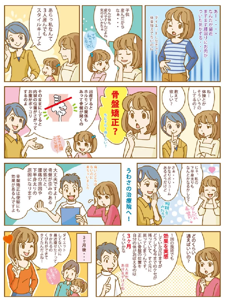 産後の体型変化と骨盤矯正の大切さが分かる横須賀市ひまわりの骨盤マンガ 産後の体型崩れや下半身太りに悩むママが友人に骨盤矯正を勧められ治療院で説明を受けながら通院し変化を感じていく様子を描いた横須賀市の鍼灸整骨院ひまわりの骨盤矯正ストーリーマンガ