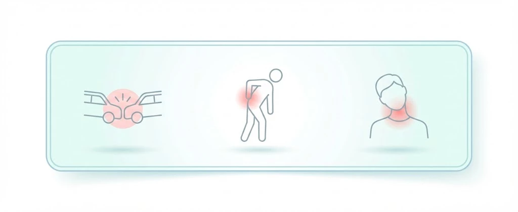 交通事故、ぎっくり腰、寝違えを示す3つのアイコン画像