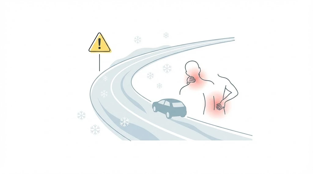 雪のある道路と注意標識、首と腰の負担を示すイラスト