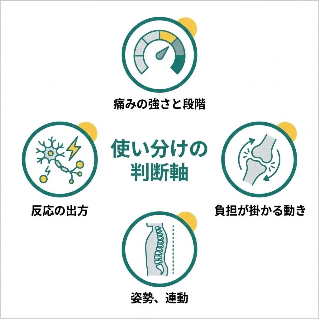 鍼灸師が痛みの強さ、反応の出方、動き、姿勢をもとに施術を使い分ける判断軸