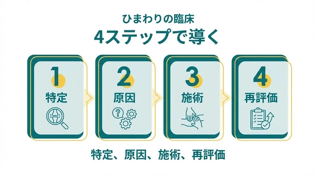 鍼灸整骨院ひまわりの臨床を特定、原因、施術、再評価の4ステップで示す図解