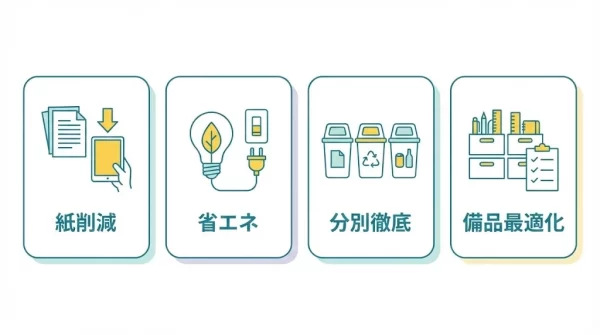 紙削減や省エネなど環境配慮の具体策アイコン
