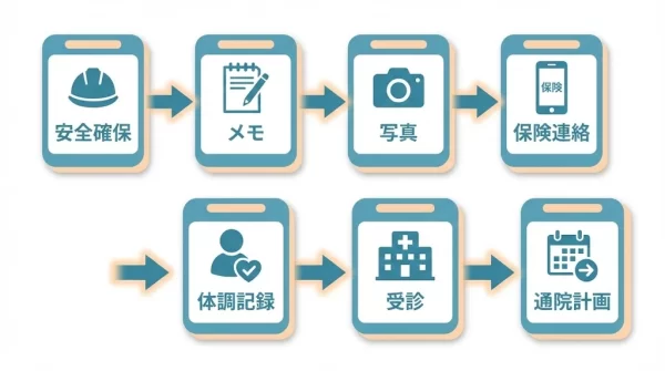 自損事故後の7つの手順を示す図解フローチャート
