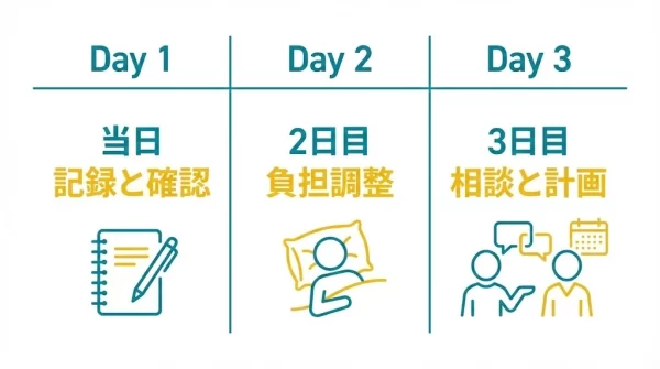 むちうちの事故当日から3日間の過ごし方を示すカレンダー図